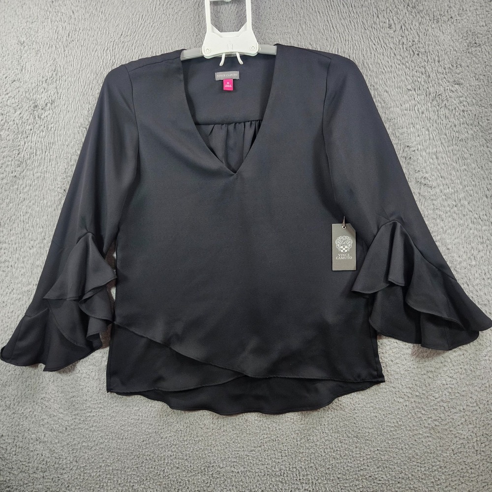 NEW Vince Camuto Top Blouse Women XS V-Neck Ruffle Sleeve Black
